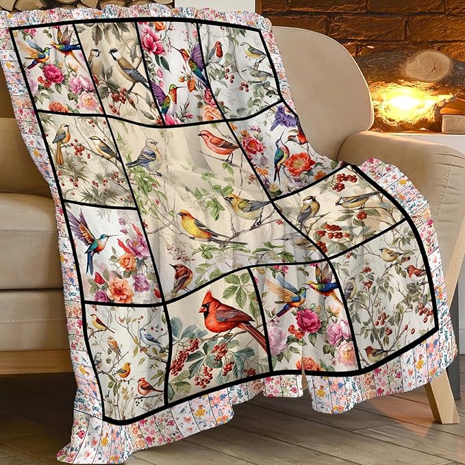 Bird Blanket Cardinal Hummingbird Sparrow Bird Throw Blanket Gifts for Women Men Boys Girls Kids Adults Super Soft Cozy Plush Fluffy Fuzzy Fleece Blanket Home Decor 60''X80''