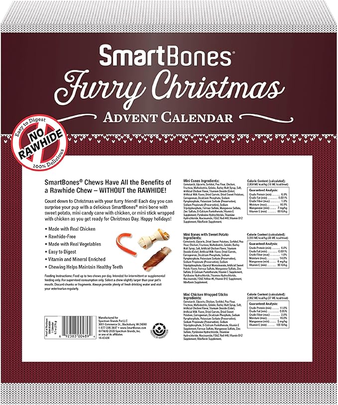 SmartBones Furry Christmas Advent Calendar Chews for Small Dogs, 24 Count, Treat Your Dog to Easy-to-Digest, Rawhide-Free Mini Bones, Candy Canes and Mini Sticks