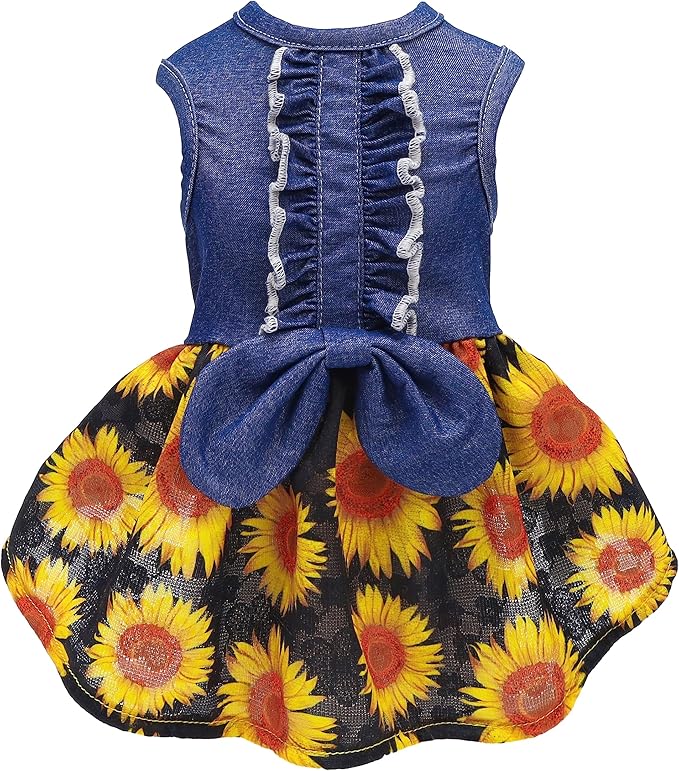 Fitwarm Sunflower Denim Dog Dress, Dog Clothes for Small Dogs Girl, Pet Cat Outfit, Blue, Black, Yellow, Red, XS