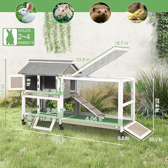 Gowoodhut 2-Story 60.6"L Rabbit Hutch Indoor and Outdoor with 6 Wheels,Wooden Rabbit Cage with 3 Pull Out Leak-Proof Trays for 2-4 Rabbits,Bunny Hutch with Asphalt Roof Bunny Cage with 6 Accesses,Grey