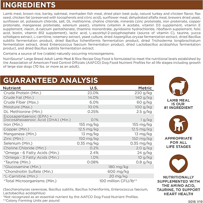 NutriSource Adult Dry Dog Food for Large Breeds, Lamb Meal and Rice, 26LB