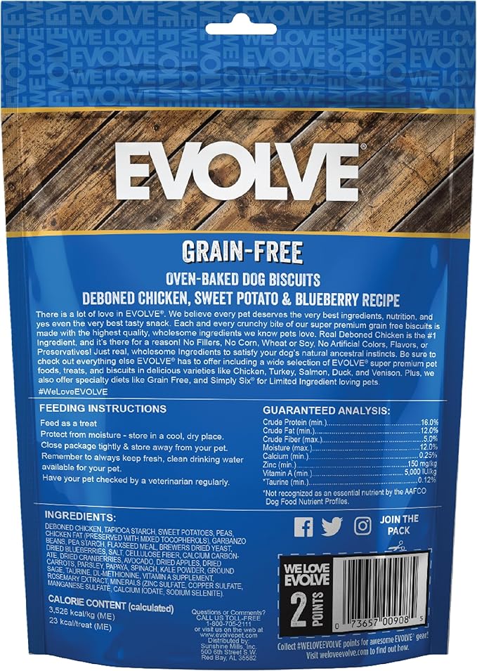 Evolve Pet Food Grain Free Deboned Chicken, Sweet Potato and Blueberry Dog Biscuits 12-Ounce