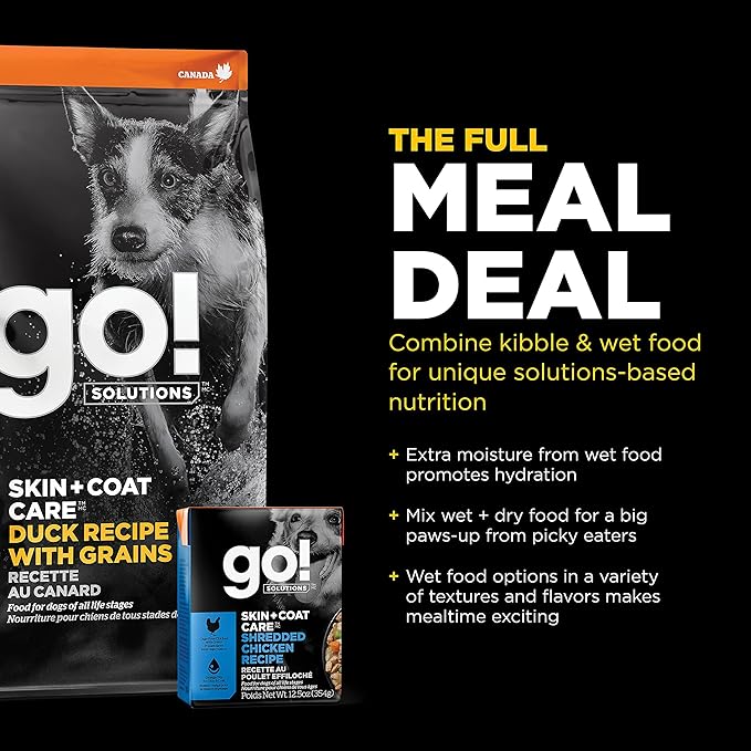 Go! Solutions Skin + Coat Care Duck Dry Dog Food with Grains, Chicken-Free, Healthy Kibble with Omega-3s & 6s for Soft, Shiny Fur, for Puppies, Adults, & Seniors, 12 lb Bag
