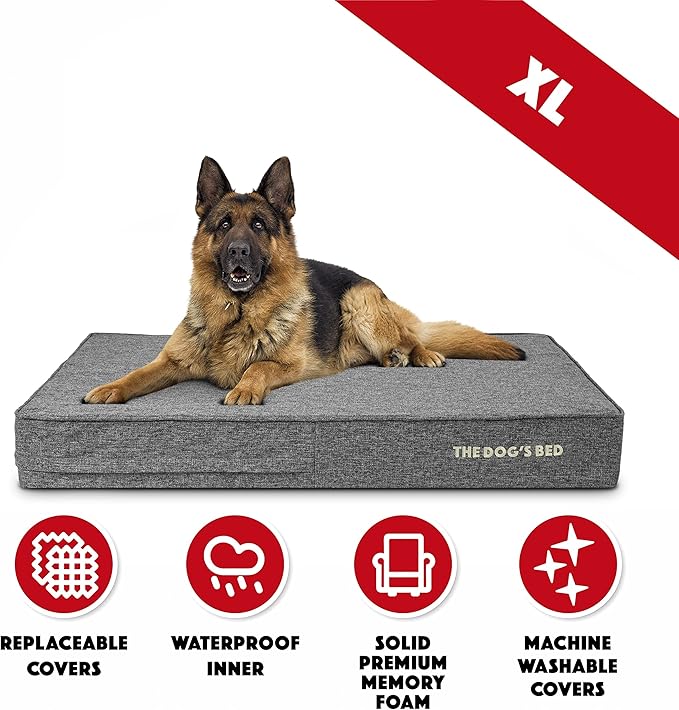 The Dog’s Bed Orthopedic Memory Foam Dog Bed for XL Dogs, Waterproof Washable Cover, Anti-Slip Base, Calming Surface – CertiPUR-Certified Foam, Grey Linen, 6 Inch Thick