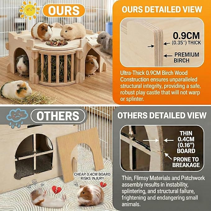 Large Guinea Pig Castle, Natural Wood Rabbit House with Ladder and Hay Feeder, Small Animal Hideout for Rabbit, Guinea Pig, Chinchilla, Hedgehog