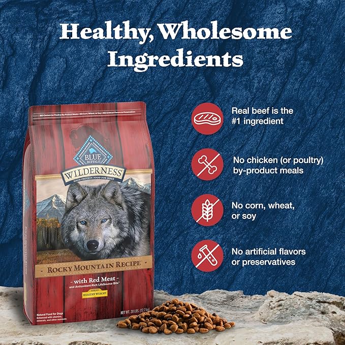Blue Buffalo Wilderness Rocky Mountain Recipe High-Protein Healthy Weight Adult Dry Dog Food, Made in The USA with Natural Ingredients Plus Wholesome Grains, Red Meat, 22-lb. Bag
