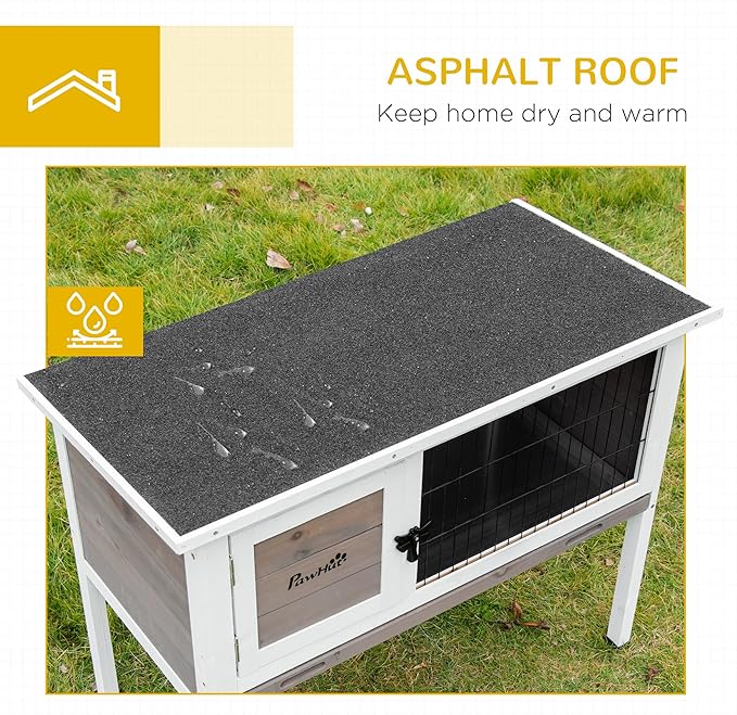 PawHut Elevated Wooden Rabbit Hutch, Indoor/Outdoor Bunny Cage with Hinged Asphalt Roof and Removable Tray for Guinea Pig, Brown