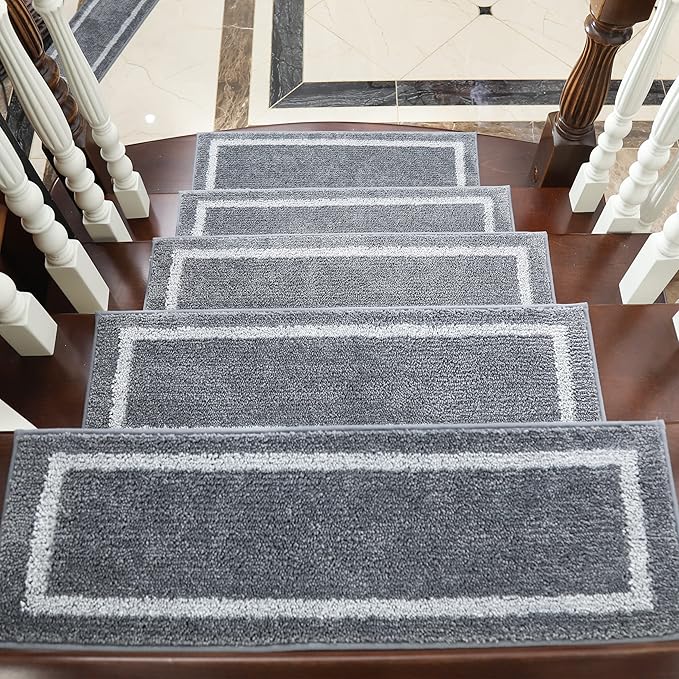 COSY HOMEER Soft Stair Treads 15pcs Non-Slip Carpet Mat 28inX9in Indoor Stair Runners for Wooden Steps,Stair Rugs for Kids and Dogs, 100% Polyester TPE Backing Grey