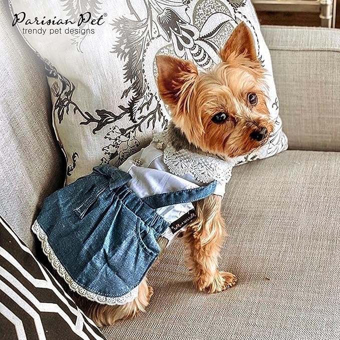 Parisian Pet Chambray Overall Dog Dress - Summer Clothes for Large Dogs Girl - Blue Denim Pet Dress - Designer Dog Overalls - Lightweight and Breathable Puppy Clothes - Dresses for Dogs