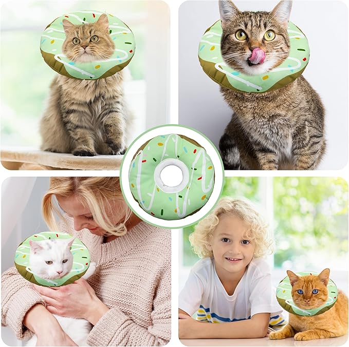 Seyezo Cat Cone Collar Soft, Adjustable Cat Recovery Collar Kitten Cones to Stop Licking, Cute Donut E Collar After Surgery, Cats Neck Pillow Cone Elizabethan Cones of Shame (Waterproof Green, Large)