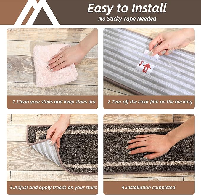 COSY HOMEER Soft Stair Treads Non-Slip Carpet Mat 28inX9in Indoor Stair Runners for Wooden Steps,Stair Rugs for Kids and Dogs, 100% Polyester TPE Backing 4pcs,Brown