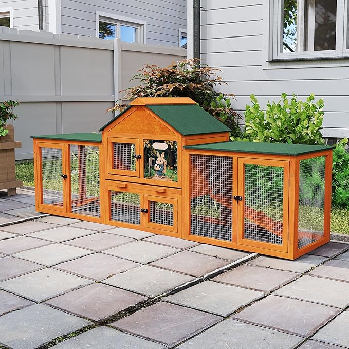 COZIWOW 83” Extra Large Wooden Rabbit Hutch Outdoor Easy to Assemble and Durable Rabbit Cage Bunny Hutch Indoor with Cleaning Tray & Waterproof Roof for Small and Medium Bunny Rabbit Chick (Orange)