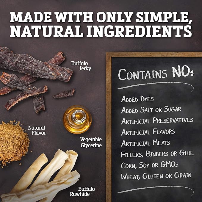 Buffalo Range Rawhide Jerky Kabobs, Jerky Dog Treat, Grass-Fed Buffalo Rawhide Chews, Healthy Dog Treat, Meat Kabob, Puppy Chews, No Added Fillers or Dyes, Hickory Smoked Flavor, 18 Count