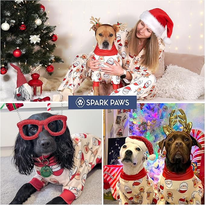 Spark Paws Dog Christmas Pajama, Dog Recovery Suit Male, Onesie, Ultra-Soft and 4-Way Stretch, for Small Medium and Large Breeds - Santa and Rudolph - 3XL