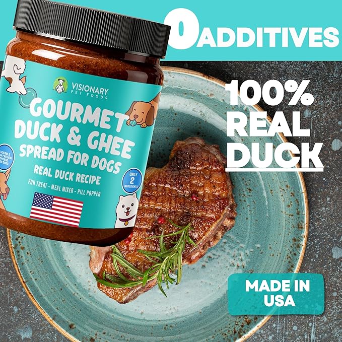 Visionary Pet Foods Duck Meat Spread - Healthy Dog Treat - Alternative to Dog Peanut Butter, Xylitol Free, No Sugar and Filler Free - Use on Lick Mat, Food Mixer, Pill Pockets - 12oz Jar