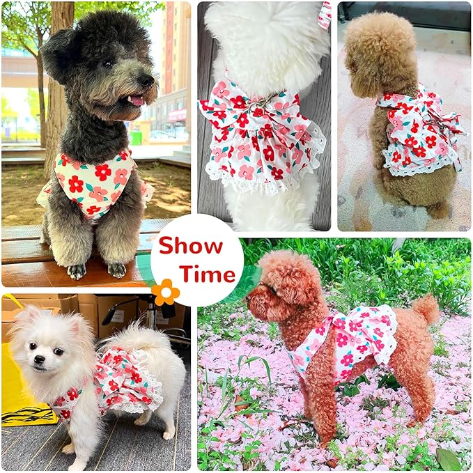 ABRRLO Dog Harness Dress Leash Set for Small Dog Summer Clothes Girl Female Puppy Cats Outfits Cute Floral Bowknot Princess Birthday Dress for Extra Small Pet Doggie Kitten Outfits Apparel(Red,M)
