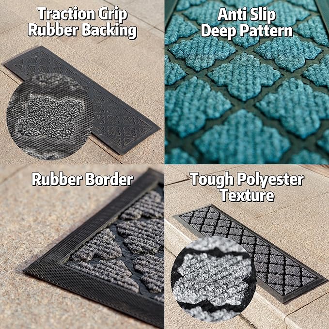 Aucuda 2pcs 8.5" x 30" Stair Treads Outdoor for Elders and Dogs on Wooden Steps, Non Slip Stair Runner Rug Heat Insulation Rubber Backing, Gray Lattice Staircase Mat Carpet for Indoor Grip Farmhouse.