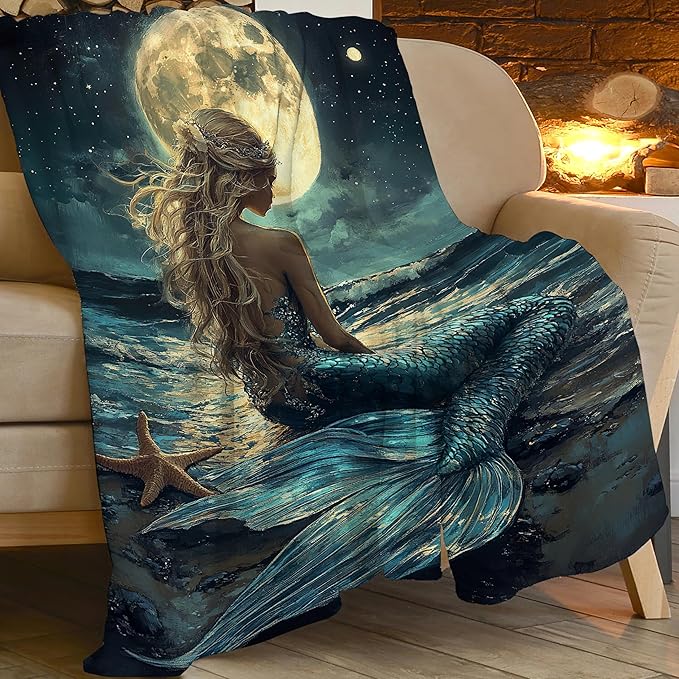 Mermaid Throw Blanket Beach Moon Night Mermaid Stuff Gifts for Kids Girls Boys Adults Women Men Soft Cozy Warm Plush Fluffy Fuzzy Fleece Blanket Decor 50''X60''