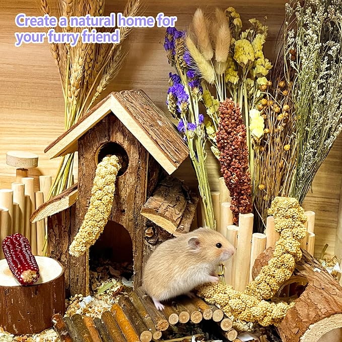 Natural Hamster Flower & Herb Habitat Deocr, Edible Hamster Sprays Flowers Bedding Mate, Hamsters Cage Enrichment Decoration Accessories for Dwarf Syrian Hamster Gerbil Mice Degus