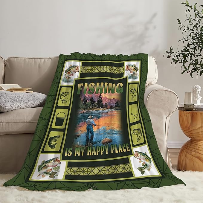 Fish Throw Blanket Fishing Stuff Gifts for Kids Girls Boys Adults Women Men Soft Cozy Warm Plush Fluffy Fuzzy Fleece Blanket Decor 40''X50''