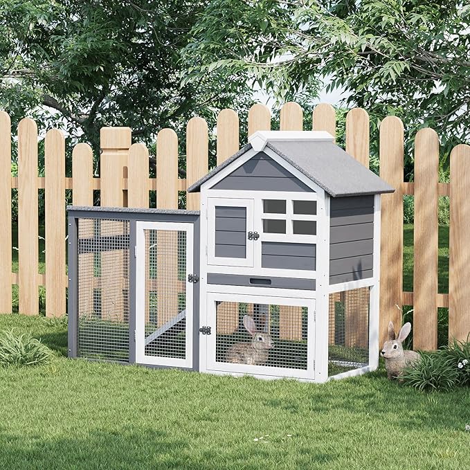 2-Story Rabbit Hutch, Small Wooden Chicken Coop, with Waterproof Roof, Pull Out Tray and Anti-Slip Ramp, Bunny Cage for Indoor Outdoor (45.28" L x 20.08" W x 36.61" H)