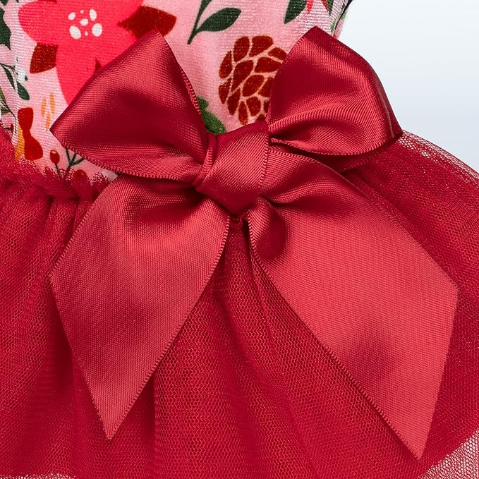 Fitwarm Christmas Flowers Dog Tutu Dress, Elegant Winter Clothes for Small Dogs Girl, Holiday Pet Outfit, Red, Pink, XXS