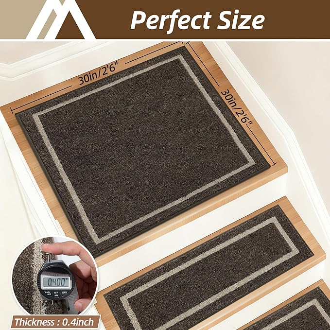 COSY HOMEER Stair Landing Rug 30x30 Inch, Non-Slip Square Landing Mat for Wood Steps Indoor, Washable Polyester with TPE Backing, Brown
