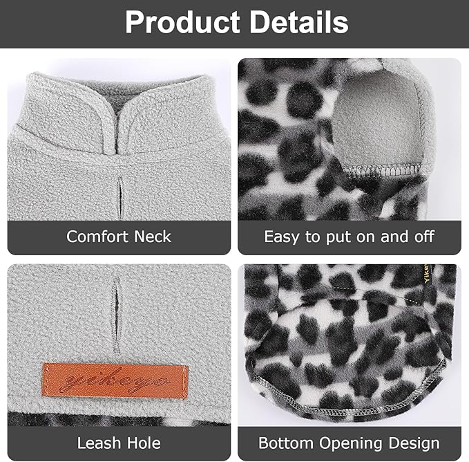DaFuEn Dog Sweater, Dog Fleece Vest Winter Coat for Boy Girl, Pet Clothes Pullover, Soft Stretchy Puppy Sweater, Yorkie Teacup Chihuahua Jacket (Gray Leopard, S)