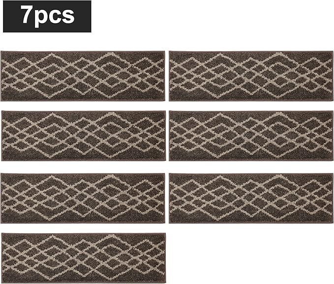 COSY HOMEER Soft Stair Treads Non-Slip Carpet Mat 28inX9in Indoor Stair Runners for Wooden Steps,Stair Rugs for Kids and Dogs, 100% Polyester TPE Backing 7pcs,Brown,Rhombus