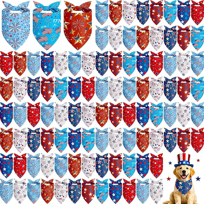 Shyyween 100 Pcs Patriotic Dog Bandanas Bulk Memorial Day Bandanas for Dogs Triangle Scarf Set for 4th of July 1776 Red White and Blue for Small Medium Large Outfit(Star, 25.6 x 17.7 x 17.7 Inch)