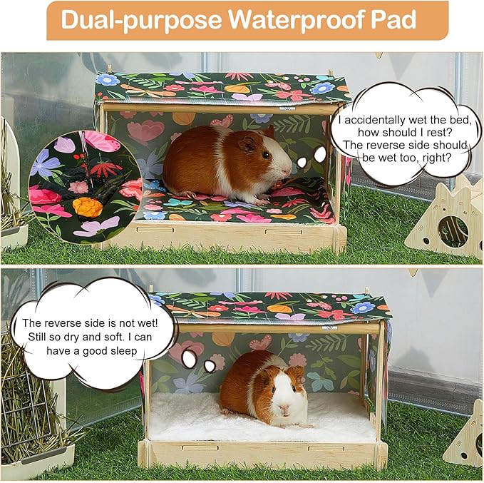 Glittme Guinea Pig Hideout, Wooden Guinea Pig Bed with Waterproof Mat, Durable Rabbit Bed with Door Curtain for Guinea Pig, Rabbit, Ferret, Squirrel, Bunny