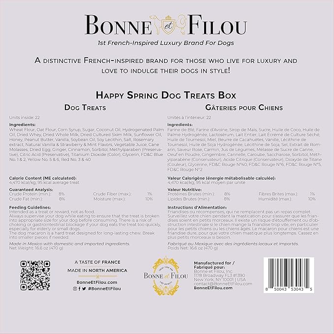 Bonne et Filou Easter Dog Treats Gift Basket Box Human Grade 22 Luxury Snacks with Dog Macarons, Truffles & Bone Cookies, Healthy and Delicious Mix for Medium to Large Dogs