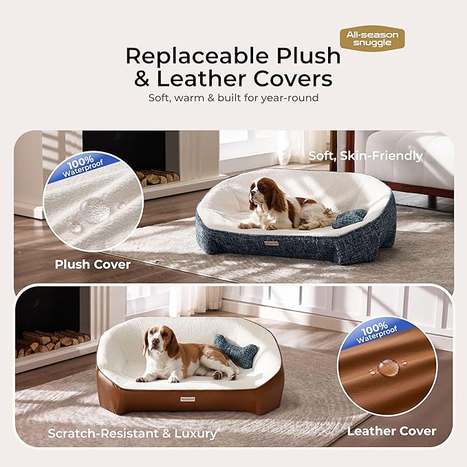 Cooling Orthopedic Dog Bed Medium Size Dog, High-Resilience Memory Foam Support, All-Season Comfort Pet Bed with 3 Washable Removable Cover & Waterproof Liner, Never Sag Dog Couch with Bone Toy