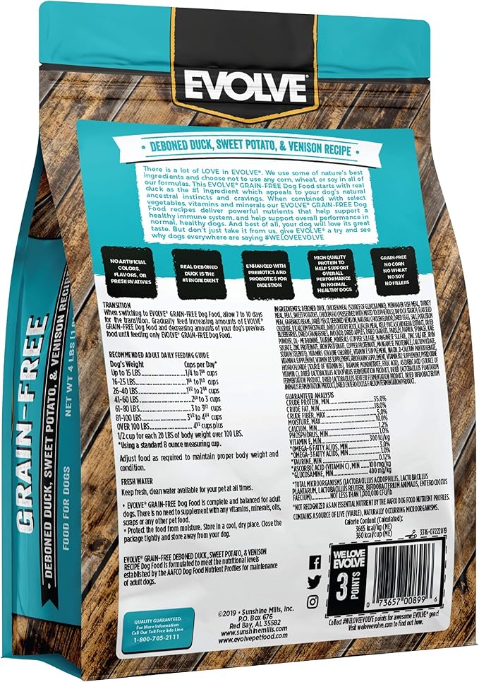 Evolve Grain Free Deboned Duck, Sweet Potato & Venison Recipe Dry Dog Food, 11lb.