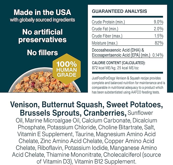JustFoodForDogs Frozen Fresh Dog Food, Complete Meal or Topper, Venison & Squash Human Grade Dog Food Recipe, 72 oz (Pack of 7)