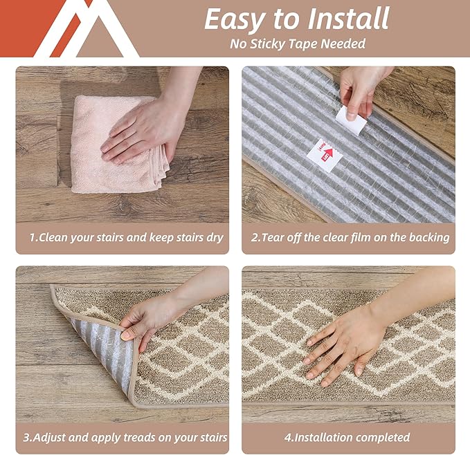 COSY HOMEER Soft Stair Treads Non-Slip Carpet Mat 28inX9in Indoor Stair Runners for Wooden Steps,Stair Rugs for Kids and Dogs, 100% Polyester TPE Backing 4pcs,Beige,Rhombus