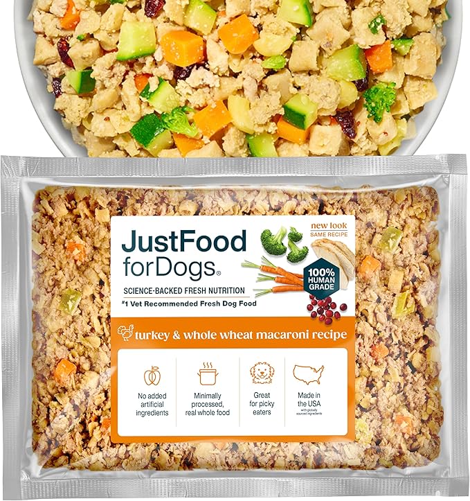 JustFoodForDogs Frozen Fresh Dog Food Toppers and Meals, Human Grade, Balanced Fresh Pet Meal or Topper, No Preservatives, Limited Ingredient Recipe, Turkey & Whole Wheat Macaroni 18 oz - 14 Pack