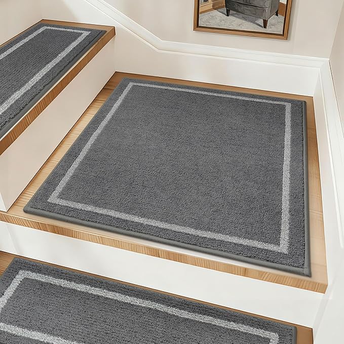 COSY HOMEER Stair Landing Rug 30x30 Inch, Non-Slip Square Landing Mat for Wood Steps Indoor, Washable Polyester with TPE Backing, Grey