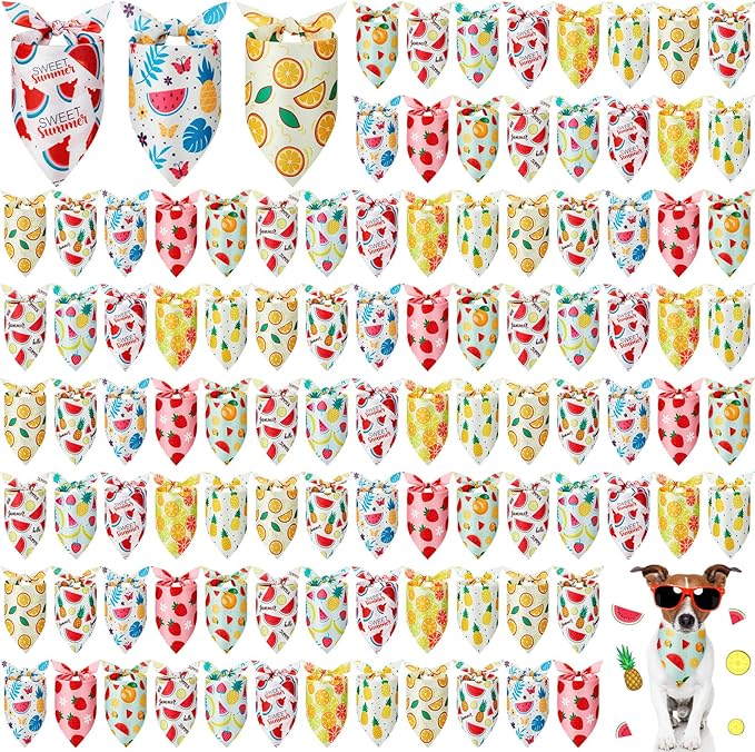 Shyyween 100 Pcs Fruit Dog Bandanas Bulk Summer Bandanas for Dogs Hawaiian Soft Bibs Adjustable Triangle Scarf for Small Medium Large Pet Costume