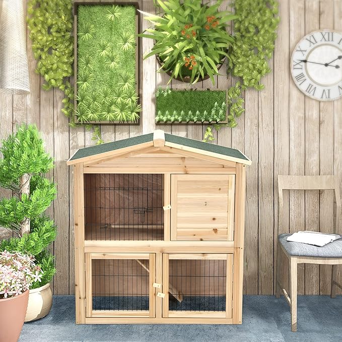 Tangkula Wood Chicken Coop and Rabbit Hutch, Indoor Outdoor Bunny Hutch with Ramp & Run, Hen Guinea Pig Cage with Waterproof Roof Ventilation Door, Pet House for Small Animals, 40 x 18.5 x 35.5 Inch
