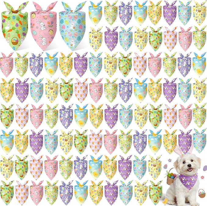 Shyyween 100 Pcs Easter Dog Bandanas Bulk for Dogs with Bunny Rabbit Egg Carrot Pattern Soft Bibs Adjustable Triangle Pet Scarf Bowtie for Small Medium Large Costume Grooming 25.6 x 17.7 x 17.7 Inch