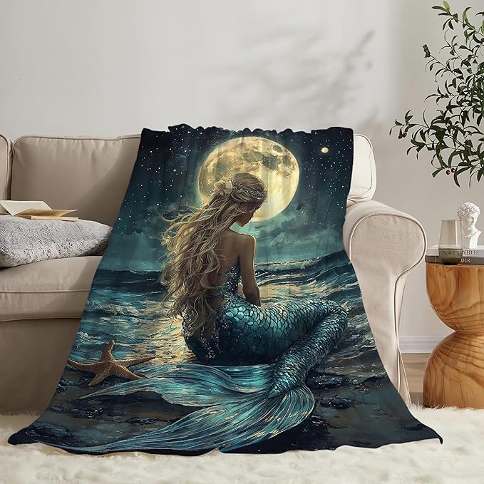 Mermaid Throw Blanket Beach Moon Night Mermaid Stuff Gifts for Kids Girls Boys Adults Women Men Soft Cozy Warm Plush Fluffy Fuzzy Fleece Blanket Decor 60''X80''