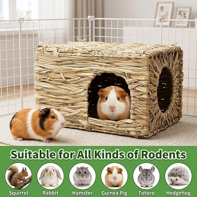 WUWEOT 2 Pack Large Grass Bunny House, Foldable Rabbit Hut, Play Hideaway Bed Hay Mat Chew Toy for Rabbit, Guinea Pigs, Gerbils, Hamster and Small Animals, 11"x8"x8"