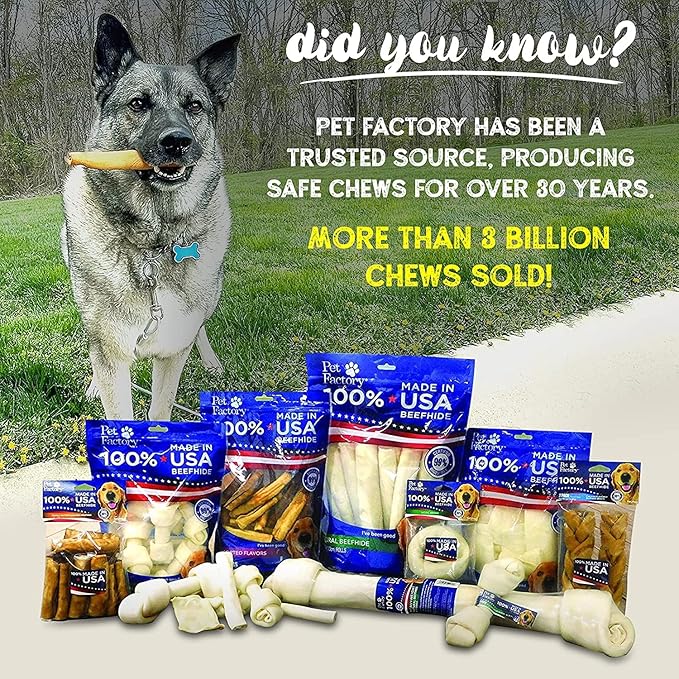 Pet Factory 100% Made in USA Beefhide 4" Knotted Bones Dog Chew Treats - Peanut Butter Flavor, 24 Count/1 Pack