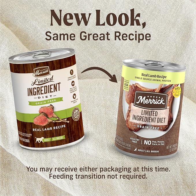 Merrick Limited Ingredient Diet Premium Grain Free Wet Dog Food, Healthy And Natural Poultry Free Canned Dog Food With Lamb - (Pack of 12) 12.7 oz. Cans