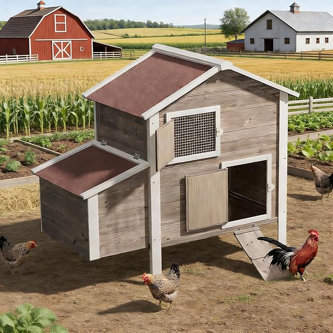 Magshion 46" Large Chicken Coop Rabbit Hutch with 2 Nesting Box, Wooden Raised Hen House with Removable Trays, Outdoor Poultry Cage Pet House with Ramp Run Hen Cage for Garden Backyard