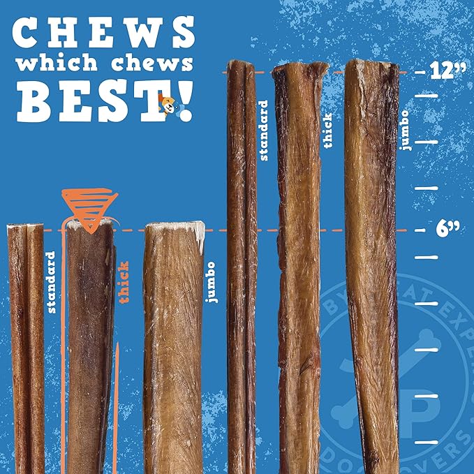 Jack&Pup 6 Inch Thick Bully Sticks for Dogs (12 Pack) Bully Stick Dog Chews, Single Ingredient 100% Beef Bully Sticks for Medium and Large Dogs
