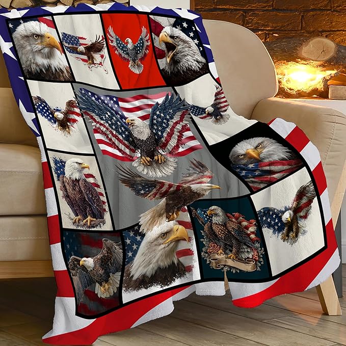 Eagle Throw Blanket American Flag Bald Eagle Stuff Gifts for Kids Girls Boys Adults Women Men Soft Cozy Warm Plush Fluffy Fuzzy Fleece Blanket Decor 60''X80''