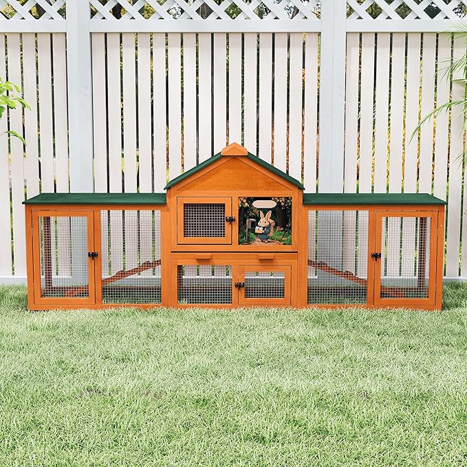 COZIWOW 83” Extra Large Wooden Rabbit Hutch Outdoor Easy to Assemble and Durable Rabbit Cage Bunny Hutch Indoor with Cleaning Tray & Waterproof Roof for Small and Medium Bunny Rabbit Chick (Orange)