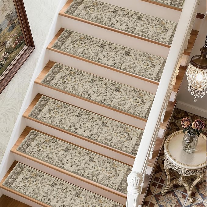COSY HOMEER Stair Treads for Wooden Steps Washable Non Slip Stair Treads 8" X 30" Soft Stair Carpet Treads Reusable Indoor Stair Runner Rug for Kids, Elders and Pets 15pcs